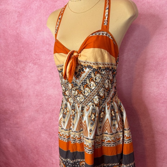126. Something Girl Boho Halter Sundress Multicolor Orange Black Print Size L - Picture 4 of 5